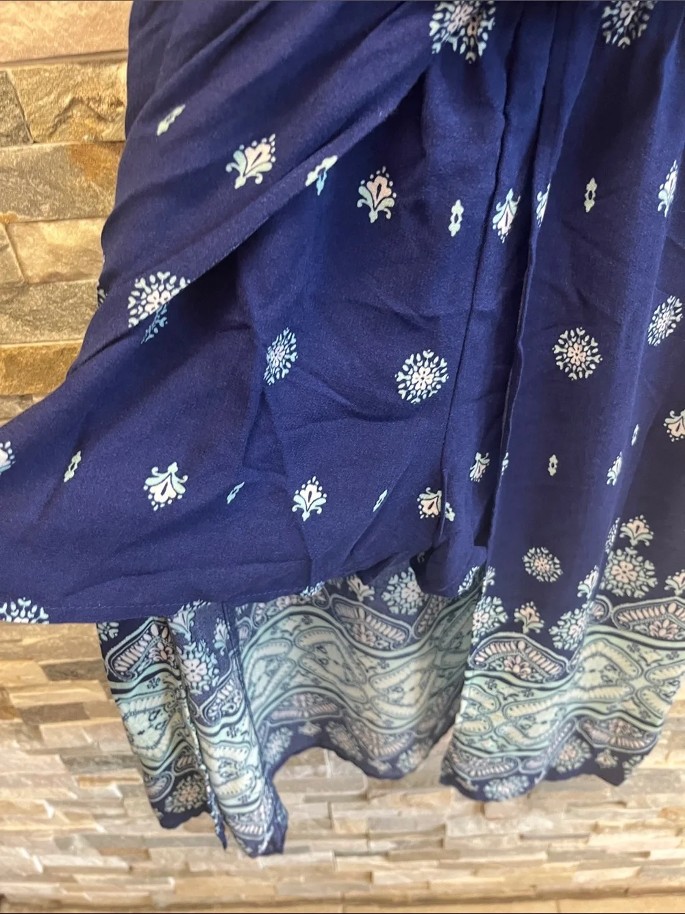 My Michelle Navy Blue Boho Printed Sundress with Teal Tassel